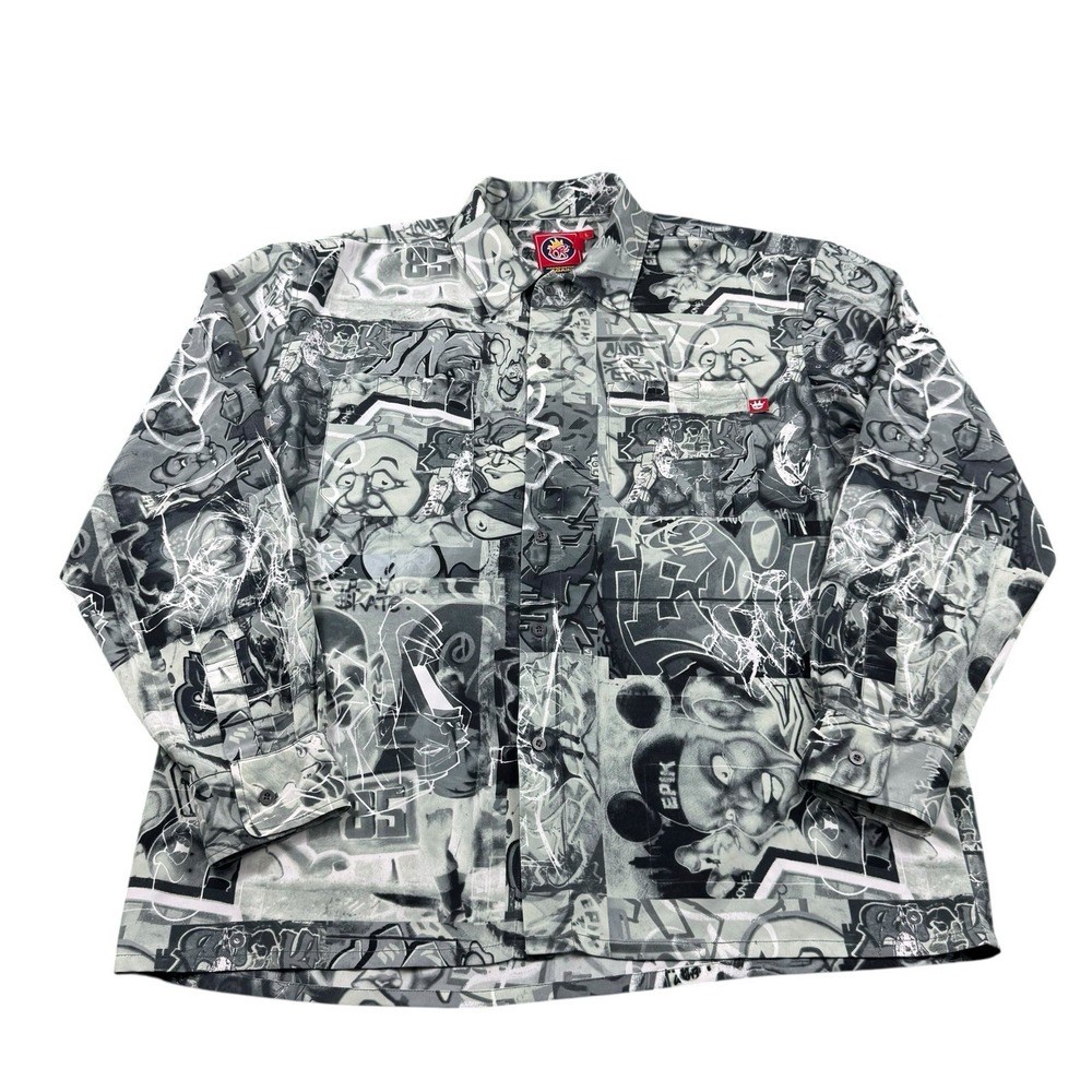 JNCO Jeans Vintage Y2K Graffiti AOP Long Sleeve Button Front Shirt Mens L Gray